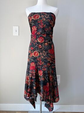 Vintage Zinc Dark Floral Strapless Handkerchief Hem Dress Dark Feminine Romantic